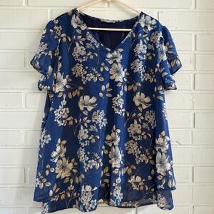 Furnex Floral Chiffon Blouse XXL Blue V Neck Ruffle Sleeve Layered Hem